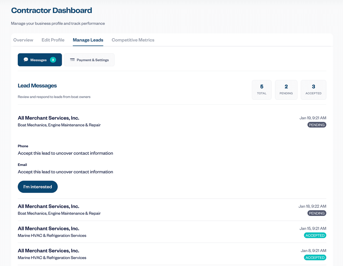 Lead management interface showing project details with I'm interested button