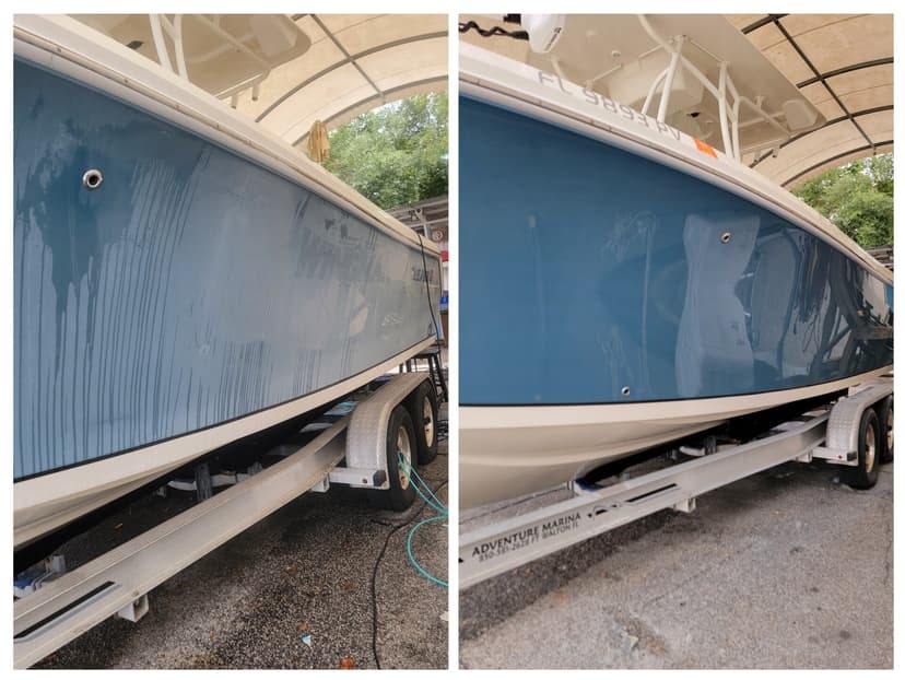 Before-and-after hull detailing on a blue center console boat at Adventure Marina, Ft Walton, FL.